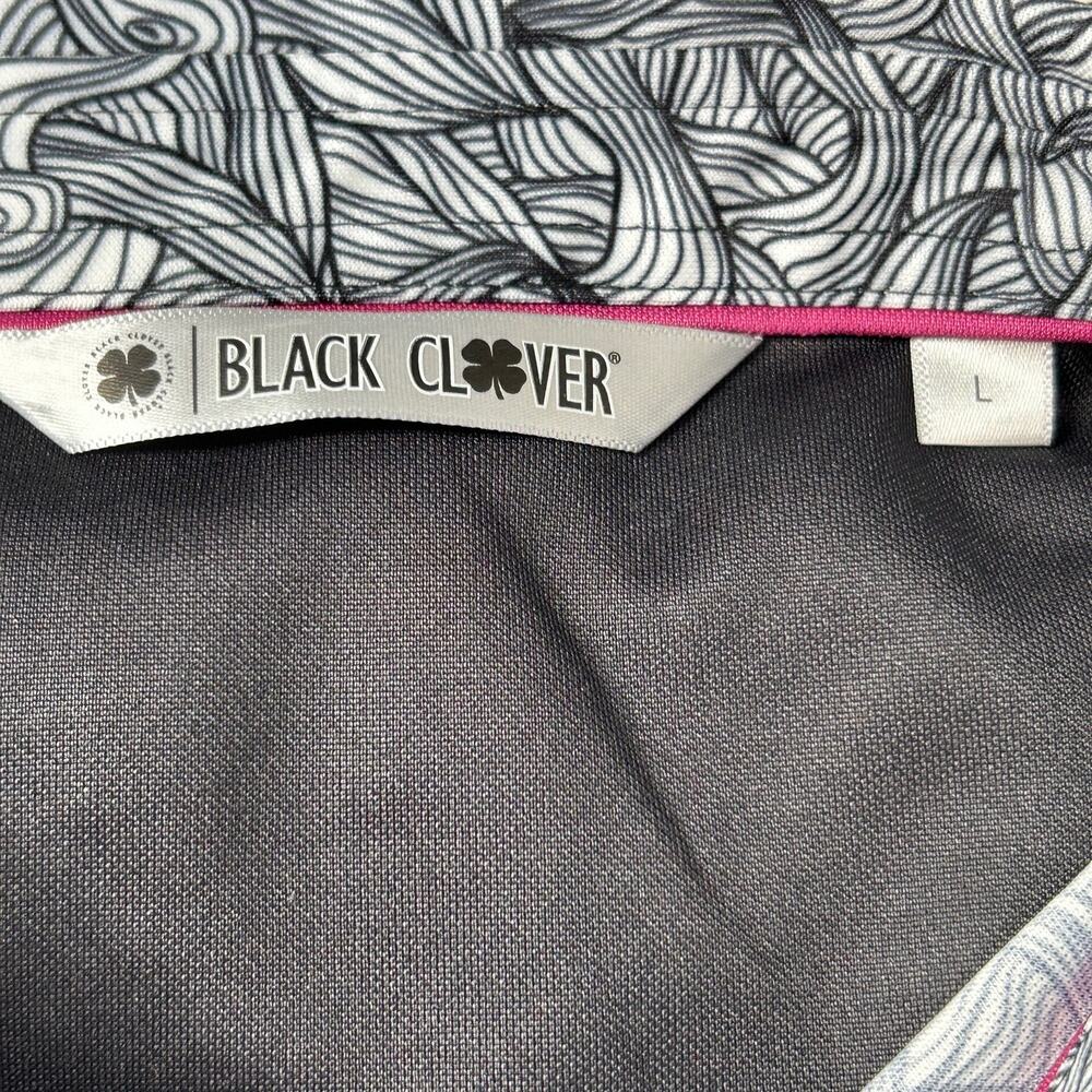 New Black Clover Button Up Short Sleeve Golf Shirt Black White Men Large NWOT - Picture 2 of 9